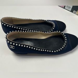 Chanel Navy & Black Ballet Flats with Pearls 37.5